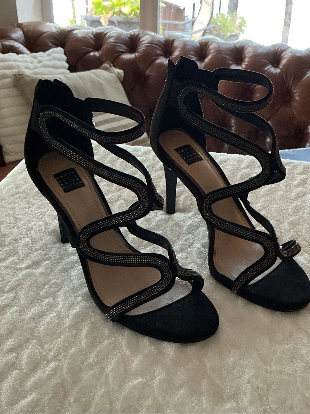 White House Black Market Black Rhinestone Strappy Stiletto Sandals